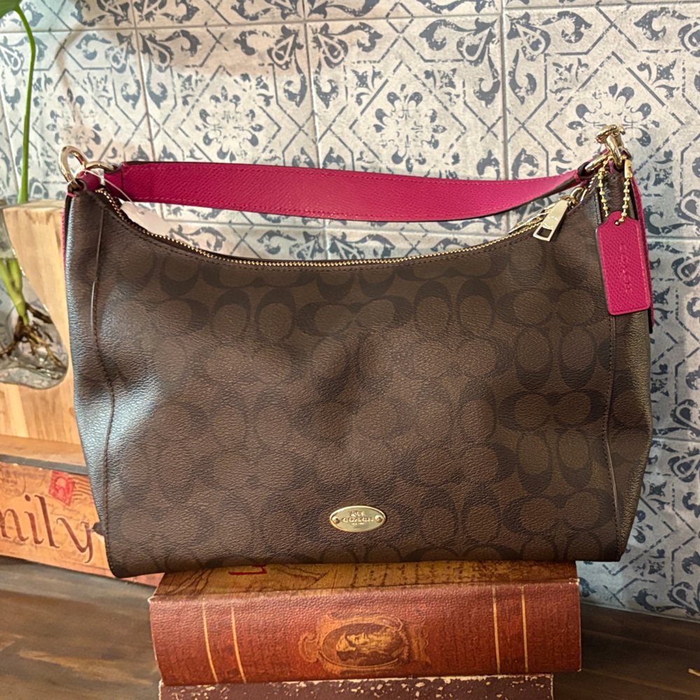 Coach Signature Brown Bag with Pink Strap